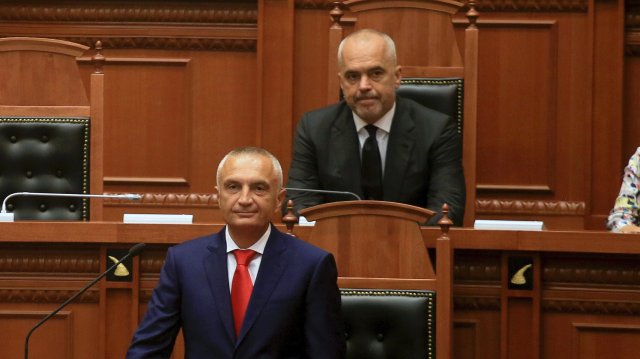 President Ilir Meta (front) with Prime Minister Edi Rama (at the 2017 inauguration of the President)|640x359
